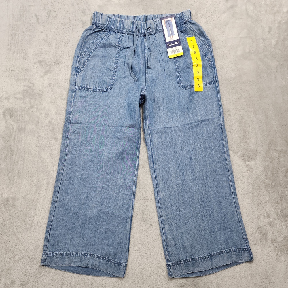 NEW Splendid Pants Womens S Blue Chambray Crop Wide Leg Pull On Pockets Casual